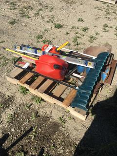 (2) Jerry Cans, 4 Ft Levels, Post Auger and Assorted Shovels.