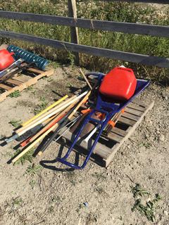 Jerry Can, Shovels, Brooms, Sledge Hammer and Sidewalk Pins.