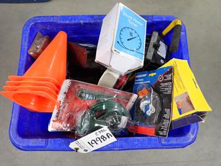 Assorted Hardware, Black Heater Timer, Caulking Gun, Squares, Etc.