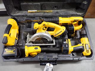 DeWalt Cordless 18V Combo Kit c/w 6 1/2 In Circular Saw, Reciprocating Saw, 1/2 In Clutch Hammer Drill, Variable Speed Jig Saw, Light, (5) Batteries and Charger.