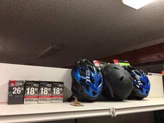 (3) Youth Bike Helmets, Age 8-14 & Assorted Inner Tubes.