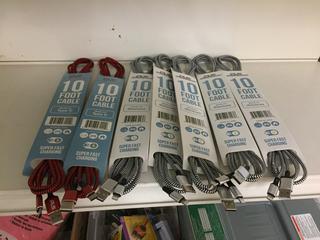 (2) PLS 10 Ft Type C Chargers, (5) PLS 10 Foot iPhone chargers. 