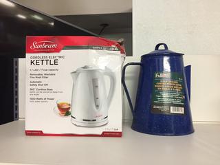 (1) Sunbeam Cordless Electric Kettle & (1) World Famous Coffee Percolator. 