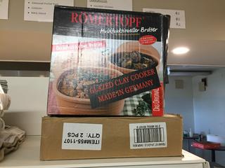 Romertopf Glazed Clay Cooker &  Joyce Chen Bamboo Sushi Serving Board.