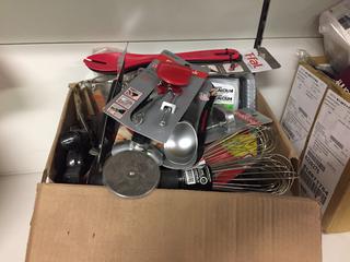 Assorted Kitchen Items c/w Whisks, Can Openers, Pizza Cutter, Etc. 