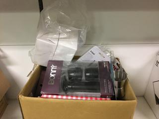 Assorted Kitchen Items c/w Wine Saver, Can Openers, Food Clips, Etc. 