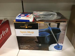 Co-op Spin Mop with Wring Bucket & Assorted Mop Heads. 