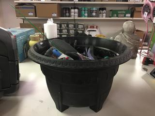 Flower Pot With Garden Tools And Gloves. 