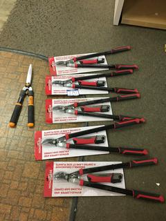 (5) Homebase Bypass Lopper & Folding Saw Combo, (1) Hedgetrimmers. 