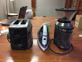 Black & Decker Iron, Betty Crocker 2 Slice Toaster, Coffee Grinder. 