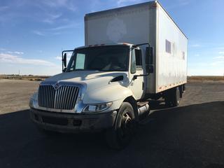 2002 International 4500 S/A Van Body c/w DT466, Auto, Showing 474,001 Kms, VIN 1HTMMAAM92H514028 *Needs Repair* Unit has transmission issues, Ramp Held By Ratchet Strap, Seat Ripped, Windshield Cracked, E Brake Taped.