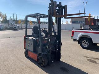 2018 Toyota 8FBCU25 5000lb 48V Electric Forklift c/w Truckers Mast, Good Battery, Showing 16382 hrs, S/N 77120. *Note: No Charger.