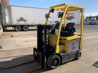 2013 Hyster E50XN 5000lb 48V Electric Forklift c/w Truckers Mast, Recent Work done: 6 New Cells in Battery, New Hydraulic Pump, New Hydraulic Motor, Battery Will Need Replacement, No Charger. Showing 16951 hrs, S/N A268N10407L.*Note: NOT RUNNING*