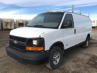 2007 Chev Express Van c/w Duramax 6.6L V8, Auto, A/C, Roof Rack, Shelving, LEd Headlights, Rock Guarded Fenders & Bottom, 24575R16 Tires, Showing 322,002 Kms, VIN 1GCHG352171175856 *Note: Paint Faded On Hood