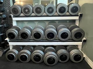 Dumbbell Rack c/w Pairs of 40-80lb Dumbbells.