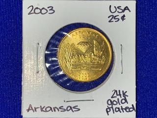 2003 United States Of America "Arkansas" 24k Gold Plated Twenty-Five Cent Coin.
