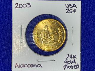 2003 United States Of America "Alabama Helen Keller" 24k Gold Plated Twenty-Five Cent Coin.
