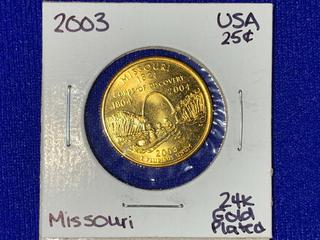 2003 United States Of America "Missouri Corps Of Discovery" 24k Gold Plated Twenty-Five Cent Coin.
