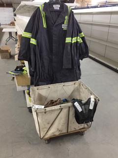 Assorted Fall Protection Harnesses, (4) Hi-Vis Mechanics Smocks and Rolling Canvas Bin.