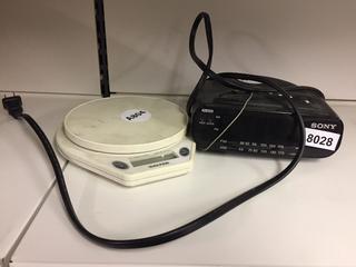 Sony Bedside Clock & Salter Food Scale.