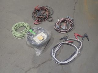 Qty Of (3) Booster Cables C/w 1/4in 300PSI Air Hoses And Powerfist 20/30L Drum Drain Basin