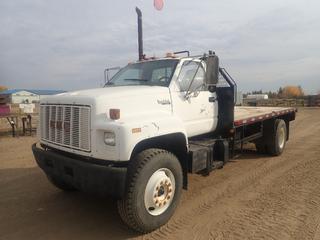 1991 GMC Topkick 4X2 Flat Deck Truck C/w CAT Model 3116 6.6L Diesel Engine, A/T, Air Brakes, 16ft X 8ft Deck, 16,466kg GVWR, (1) 64in X 20in X 17in Storage Box, (1) 48in X 24in X 24in Storage Box And 11R22.5 Tires. Showing 11,631hrs, 038,220kms. VIN 1GDM7H1J8MJ504343 *Note: Minor Scratches And Paint Chips, Hole In Deck* 