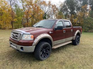 2006 Ford F-150 King Ranch Crew Cab 4x4 Pickup C/w 5.4L V8, A/T, Leather, A/C, DVD Player, Alpine Head Sets, Factory Sub, Lift and Level Kit, LED 20in Aux Flood Light, Spray In Box Liner, 33-12.5R20 W/ Offset Rims, Factory Rims and Tires Included W/Caps. Showing 293,064kms. VIN 1FTPW14506KD85453 *NOTE ABS Light On, Catalytic Converters Removed And Replaced With Hard Pipe*