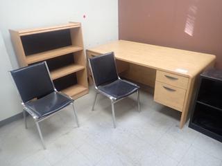 6ft X 3ft X 29 1/2in Office Desk C/w 3ft X 1ft X 4ft Bookshelf, 2-Drawer Filing Cabinet And (2) Chairs *Note: Located Upstairs Buyer Responsible Dismantle And Loadout*