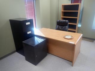 6ft X 3ft X 30in Office Desk C/w Task Chair, 35 1/2in X 12in X 6ft Bookshelf And 26 1/2in X 18in X 52in Filing Cabinet And Clock *Note: Buyer Responsible For Loadout*