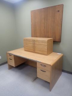 6ft X 3ft X 30in Office Desk C/w Storage Cabinet And Cabinet w/ Whiteboard *Note: Buyer Responsible For Loadout*