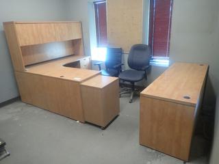 71in X 71in X 30in Office Desk w/ Hutch C/w 71in X 24in X 30in Office Desk, 20in X 16in X 28in 3-Drawer Cabinet And (2) Task Chairs *Note: Buyer Responsible For Loadout*