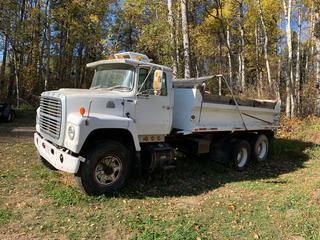 1980 Ford 8000 Dump Truck c/w Cat 3208 Engine, 5 Speed A/T, 15 Ft. Box, 12,000 Lbs. Front Axle, 38,000 Lbs. Rear Axles, VIN 1FDYW80U8BVJ01210 *Note: Needs Engine Fuel Pump, Pump Is Off The Engine*  **Located Offsite Near Spruce Grove, AB, For More Information Contact Simon 780-566-1831** (PL0157)