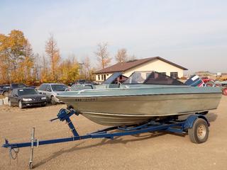 Aquastar 16 Ft. Motorboat c/w Evinrude 200 V6, Seats 6 w/ Boat Trailer, 2 In. Ball Hitch, 215/75R14 Tires, SN Z1A 4410C383 *Note: Needs Steering Cables, Running Condition Unknown, No VIN On Trailer*