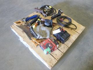 Qty of Misc. Items Including Everbuilt 1/6 HP Sump Pump, (2) Grease Guns, Avis Pex Crimper, (2) Carpenter Belts, (3) Hand Saws, 12V Air Compressor, Hitch Pin, Solar 6/12 Volt Battery Charger, Tiger Torch, (2) Drop Hitch c/w Balls, Extension Cord (J42)