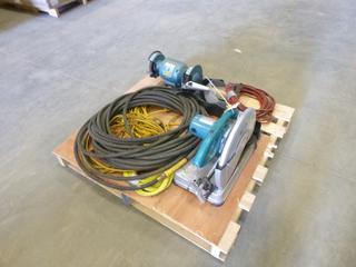 (1) Westward 6 In. Bench Grinder, (1) Makita Chop Saw, (1) Garden Hose, (1) Tow Strap, (3) Extension Cords (K41)