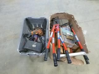 Assortment of Arm Crimpers, Core Bits, Drill Attachments, Safety Electrical Sign and More Items (K-2-3)