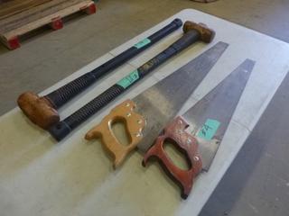 (2) Wood Hand Saws C/w (2) Sledge Hammers (F-1)