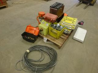 Qty of Pressure Manifolds, Water Jel Fire Blanket, Wind Sock, Muster Point Signs, Steel Bins, Tool Box w/ Contents, Air Hose And More (S53)