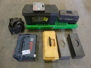 Qty of Plastic Totes, Tool Boxes, Steel Boxes w/ Plastic Half Pallet, and Assorted Tools (S52)