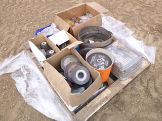 Qty of Misc. Items including Grinding Discs, Sanding Discs, Band Saw Blades, TIG Gas Nozzles, Welding Curtains, MIG Caps and MIG Tips (L-4-1)