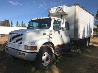 1999 International 4700 Crew Cab Cube Van c/w 7.6L, 210 HP, Heated Box, Manual Transmission, VIN 1HTSCAAP4XH634122 *Note: Inoperable, Coolant In Oil, Replacement Windshield In Rear Of Cab* **LOCATED OFFSITE In Thorsby, AB For More Information Contact Chris at 587-340-9961** 