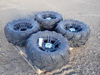 (4) Wild Thing 27x12.00-14 ATV Tires w/ 55 Rims, 4 Bolt Pattern *Note: 1 Center Hub Missing*