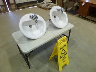 (2) Bathroom Sinks w/ Taps  C/w Wet Floor Sign (S-2-2)