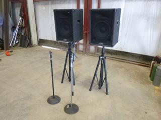 (2) Audio 2000's ASP5212 Karaoke Speakers, (2) Speaker Stands, (2) Microphone Stands, (3) Microphone and Cable (L-3-2)