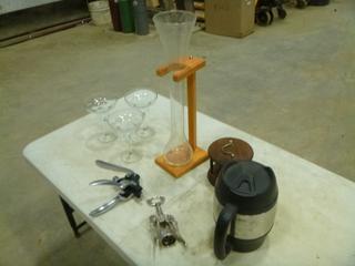 Assortment of Bar Tools, Decanter, Margarita Glasses and Other Items (G-1)