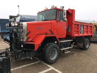 1992 WHITE/GMC Autocar Dump Truck 4x4, Showing 207,012km, Showing 19,365hrs, VIN: 4V2SEBMD7NU511270 *NOTE: Buyer Responsible For Loadout, Misfire In Engine But Runs, Front Plow, Tow Behind Sweeper And Identifying Decals Will Be Removed By Consignor Before Item Loadout* **LOCATED OFFSITE @ Fort McMurray Airport, 547 Snow Eagle Drive, Fort McMurray, AB Call Chris For Info @ 587-340-9961**