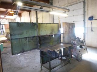 Steel Work Table, Approx. 61 In. X 30 In. X 36 In., Wired For Power W/ Outlets and Vise, Backboard Approx. 97 In. x 43 In.
