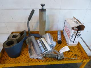 (2) Grease Guns, w/ Qty of High Temp Chisel Lubricant and Lithium Grease, Packing Roller, Sand Paper