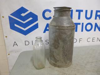 (1) Palm Iron Milk Container, (1) Glass Milk Bottle