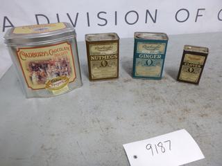 Spice Containers (1) Cadbury Chocolate Biscuits, (3) Rawleigh's: (1) Nutmeg, (1) Ginger, (1) Cloves, All 3 w/ Contents Included